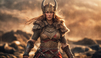 Viking woman warrior. Scandinavian warrior woman in armor on the battlefield