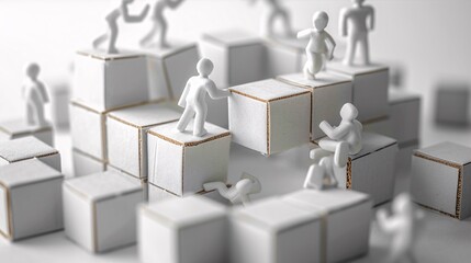 Teamwork concept with 3d human figures and cubes on white background.