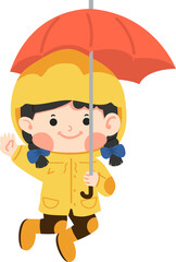 Kid girl in a yellow raincoat jumping under an umbrella