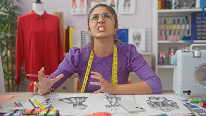 Frustrated hispanic woman dressmaker with glasses in a tailor shop surrounded by sketches, sewing...