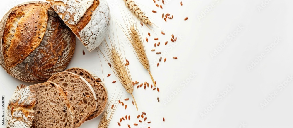 Poster image of tasty bread with flax seeds wheat ear and rye bakery isolated on a white background for fla