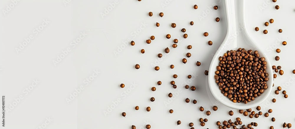 Poster a top view studio shot of brassica hirta mustard seeds in a white spoon on a white background with s