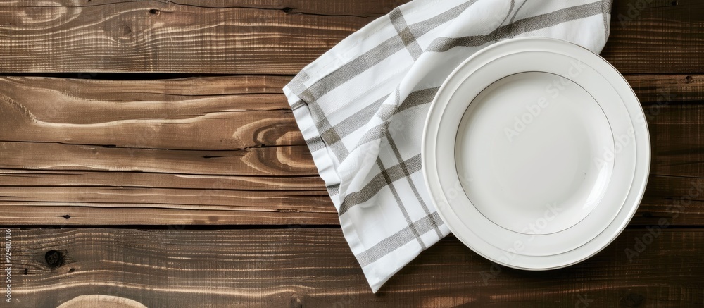 Aufkleber wooden table background with an empty white plate and napkin providing a clean and classic copy spac