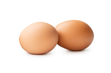 Two fresh brown chicken eggs in stack isolated on white background