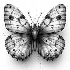A black and white drawing of a butterfly on a white background