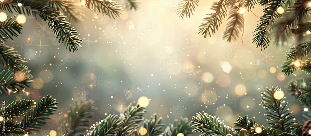 Aufkleber Festive Christmas background featuring a frame of fir branches twinkling lights and room for text or images in the copy space image