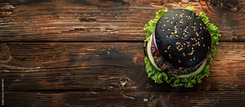 Poster a top down shot of a black burger with meat onions and lettuce set on a wooden backdrop providing em