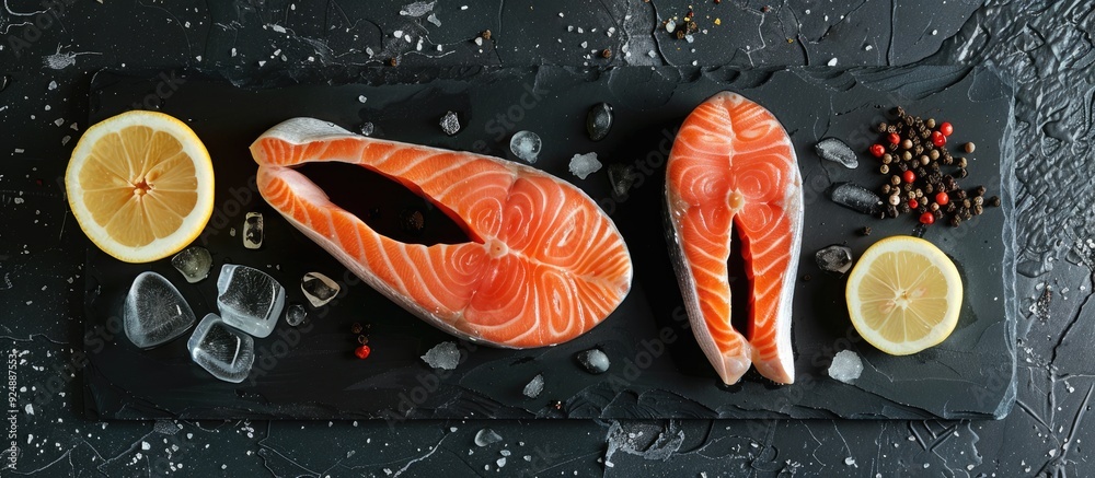 Poster Fresh raw salmon and trout steaks displayed on a sleek black slate board with ice salt pepper and lemon ideal for a nutritious meal Ideal for a copy space image
