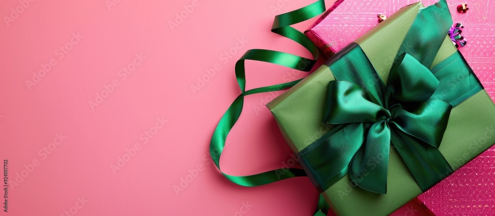 Aufkleber Top view of gifts creatively wrapped with green ribbons on a vibrant pink background creating a visually appealing copy space image