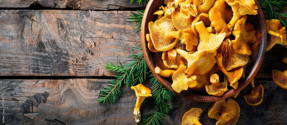Poster Fresh chanterelle mushrooms make a delicious snack on the rustic table with a copy space image background in a top view