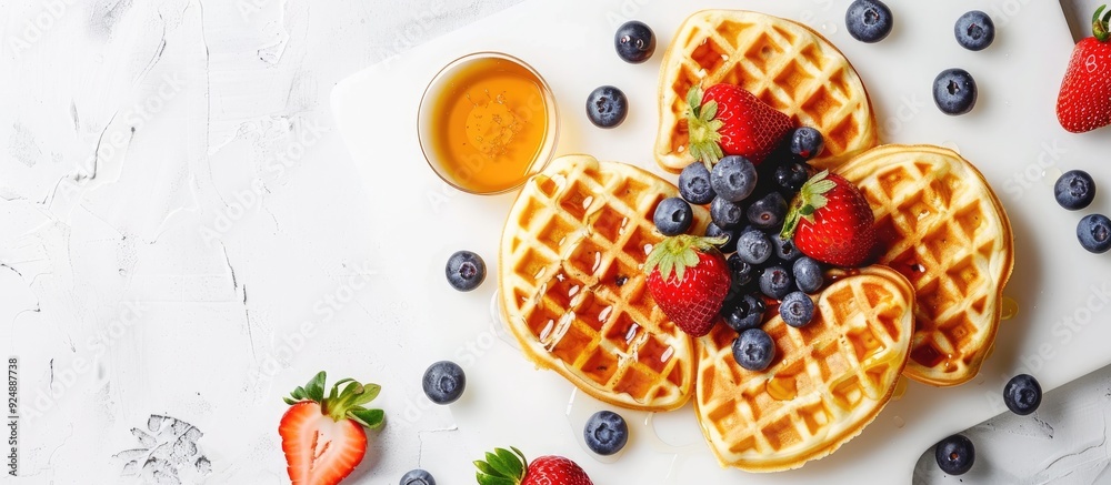 Poster heart shaped homemade belgian waffles topped with fresh strawberries blueberries and honey displayed