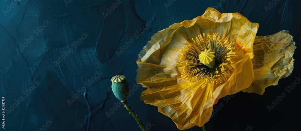 Poster macro photo of a vintage painted surrealistic fantasy style poppy blossom in fading yellow fabric ag