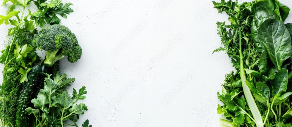Poster high angle view of green vegetables on a white backdrop with copy space image
