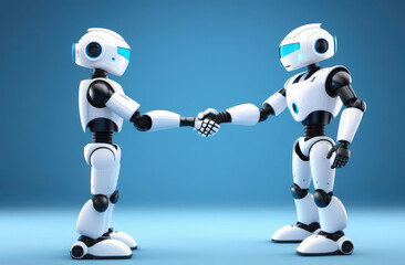 Fototapeta premium two android robots made of metal shaking hands on blue background. AI development, future technology
