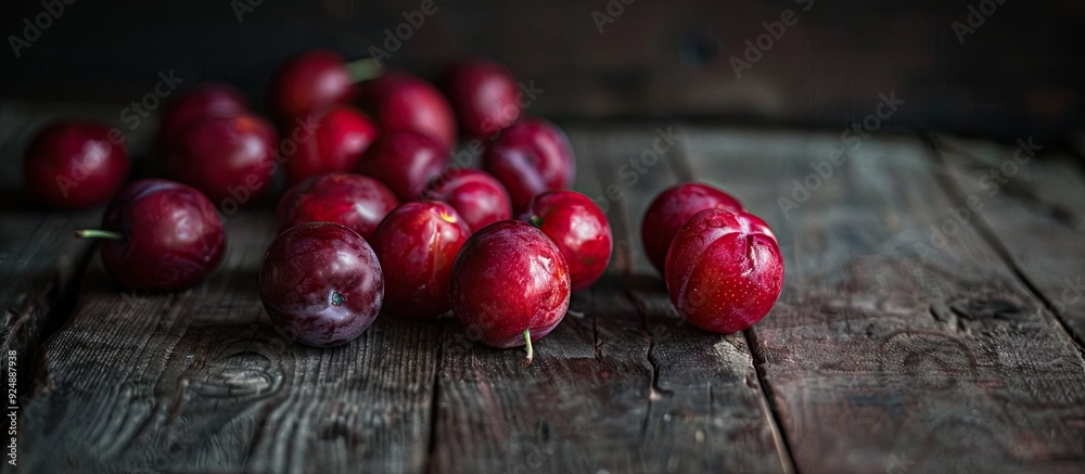 Poster ripe plums are spread out on a dark wooden table with a moody background soft lighting and space for