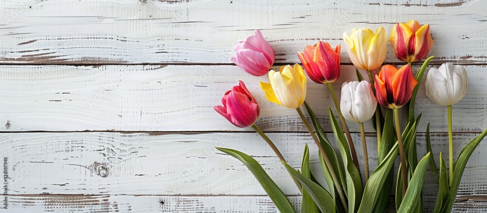 Poster easter themed setting with a vibrant tulip bouquet arranged on a vintage white wooden surface creati
