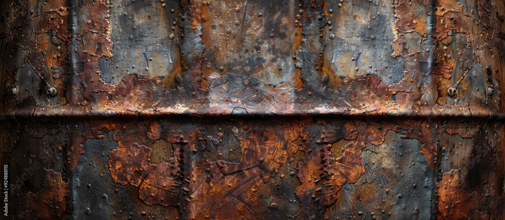 Poster Abstract horizontal seamless background with a rusty corroded barrel texture featuring grunged rust patterns Close up view with copy space image