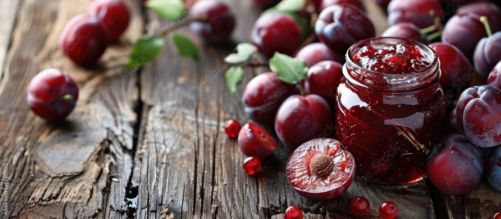 Poster Wooden table with a glass jar of jam and ripe plums creating a rustic scene with copy space image