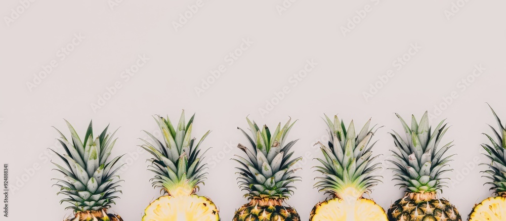 Poster Fresh pineapples arranged in a neat stack with a white background perfect for a copy space image