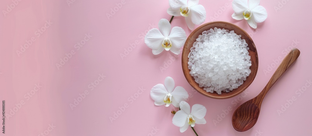 Poster flat lay setup featuring white spa sea salt a white orchid and room for text on a pink backdrop embo