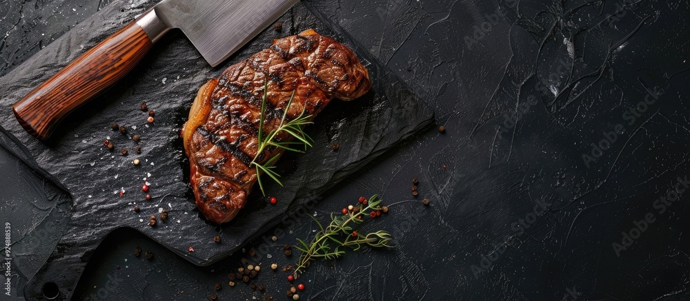Poster a top view of a grilled sirloin steak on a cleaver with a black background provides ample copy space
