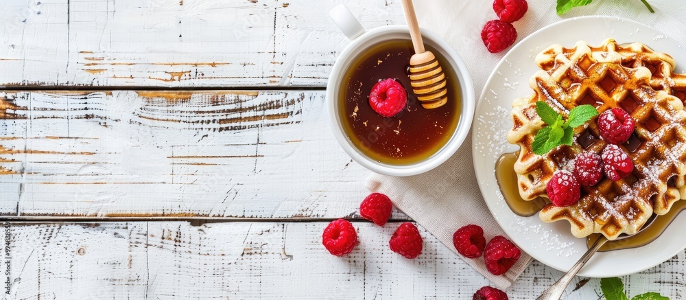 Leinwandbilder scrumptious breakfast featuring waffles drizzled with honey fresh raspberries and a cup of coffee di