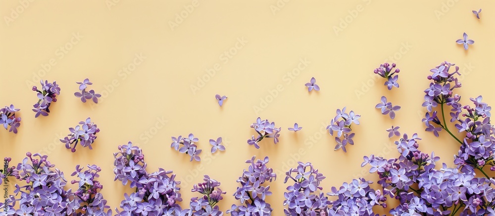 Aufkleber Top view of a lovely lilac flower border on a soft yellow backdrop perfect for adding text with a copy space image