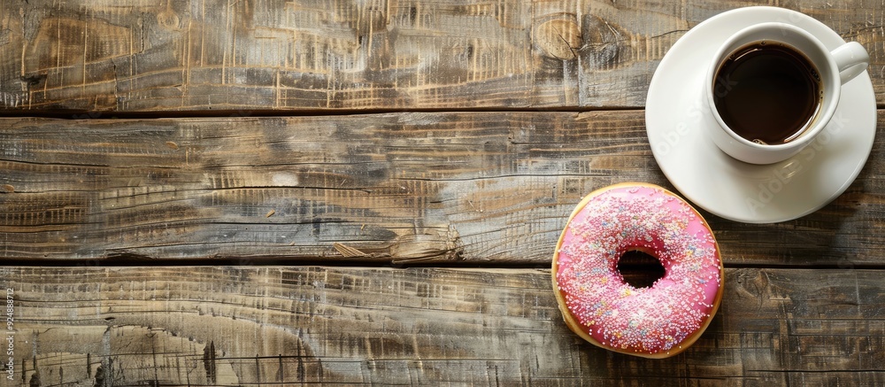 Leinwandbilder pink donut and coffee on rustic wooden backdrop ideal for breakfast minimalist concept with top view