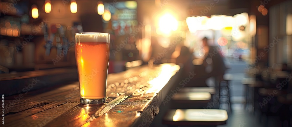 Poster Fresh beer in a glass on a table at a pub with copy space image