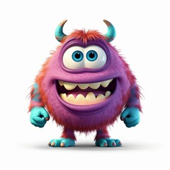 Colorful furry monster with big eyes smiles playfully against a white background