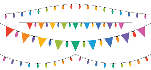 Christmas holiday garland set of flags and bulbs. Hanging bunting flag. Garlands of lights. Vector illustration.