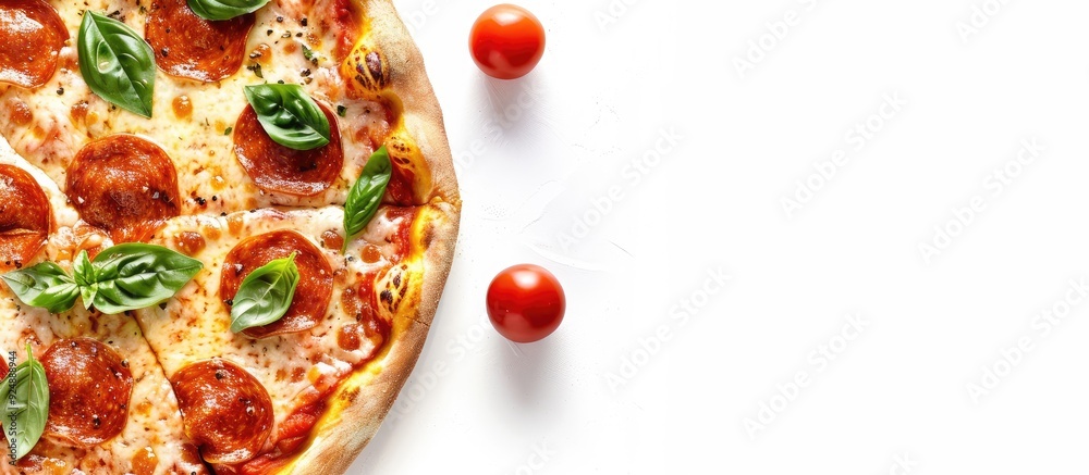 Poster Top view of a margherita pizza with copy space image presented on a white background