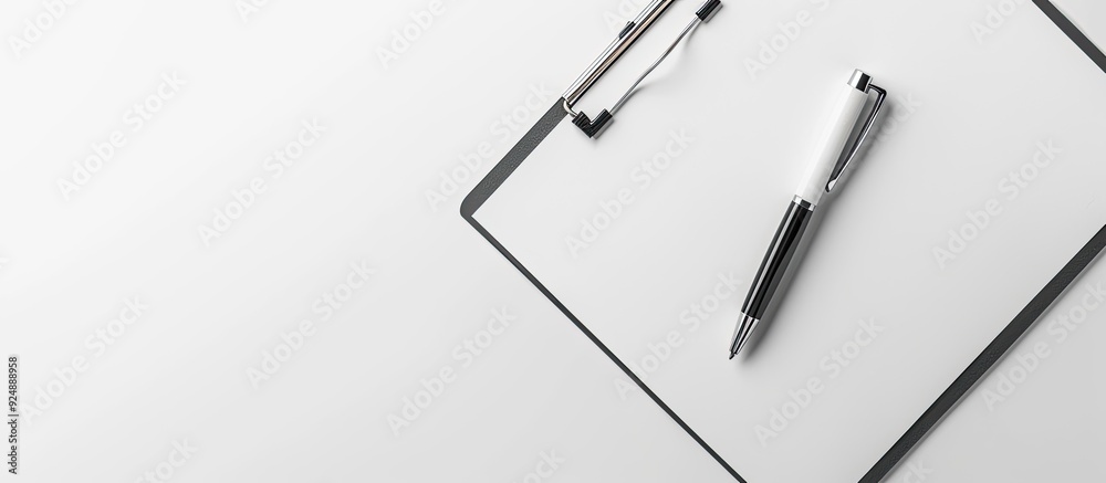 Poster A white A4 document holder with a pen rests on a light background creating a mockup with ample copy space for text