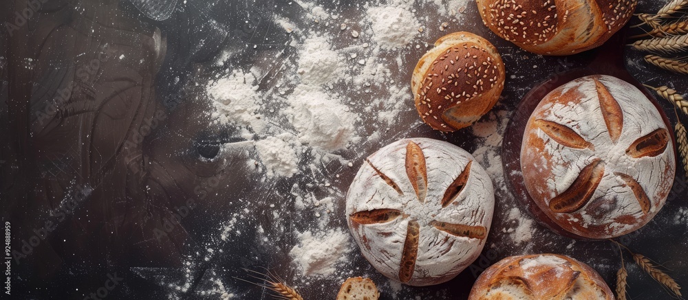Poster Top view of a selection of assorted bakery items including three circular loaves made from wheat and rye flour with room for text or images. Creative banner. Copyspace image