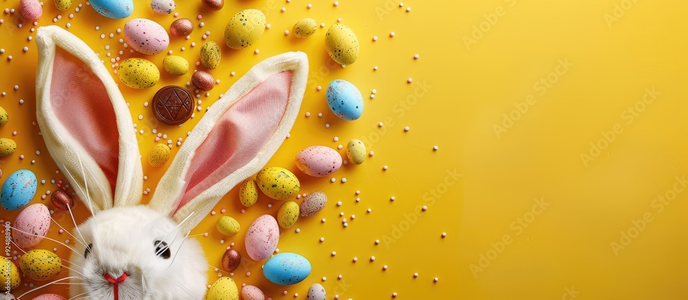 Poster easter bunny ears and chocolate eggs on a yellow background high quality photo of a poster with a co