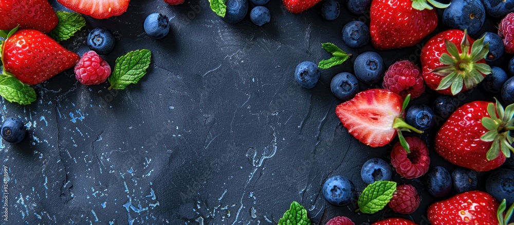 Poster A background in shades of gray with fresh strawberry and blueberry halves and mint leaves neatly arranged in a frame with a designated empty area for text or images. Creative banner. Copyspace image