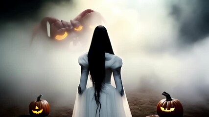 Video of mysterious woman in white dress standing amidst foggy landscape with jack-o'-lanterns, creating eerie and unsettling Halloween scene. atmosphere is filled with suspense and ghostly presence