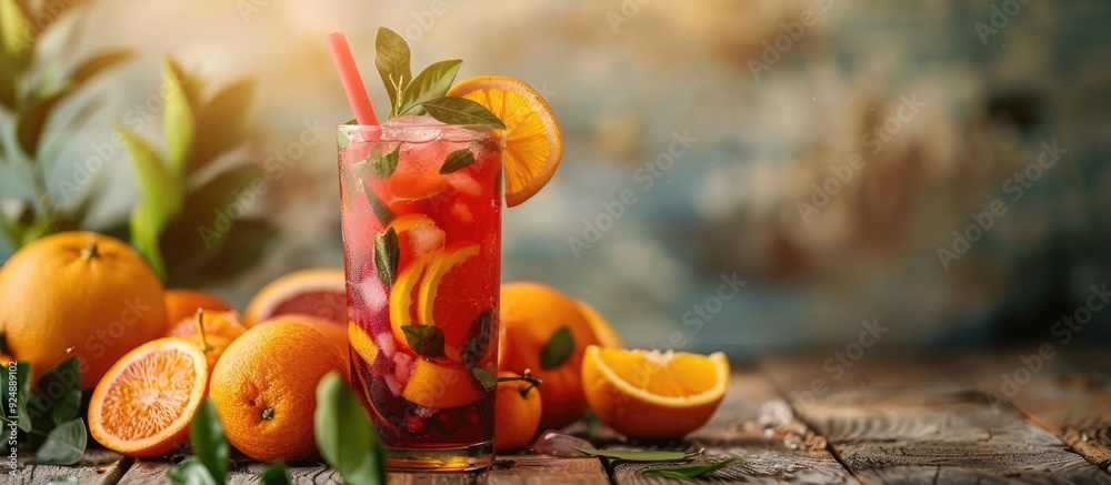 Poster Copy space image featuring a summery citrus beverage made with classic and red Sicilian oranges arranged on a rustic wooden table alongside whole and sliced oranges