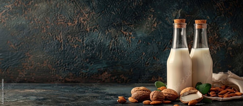 Poster two almond milk bottles with nuts on a dark table lactose and sugar free perfect for vegetarians ide