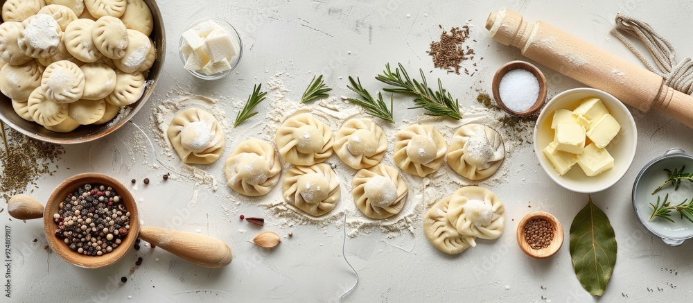 Poster Top view of ingredients for making pelmeni ravioli and dumplings including dough rosemary a rolling pin canvas thread butter and a bay leaf on a light background with a toned effect allowing for copy