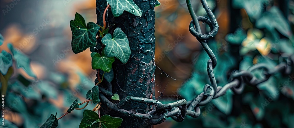 Sticker Green ivy intertwined along a worn iron pole in a charming scene with copy space image potential