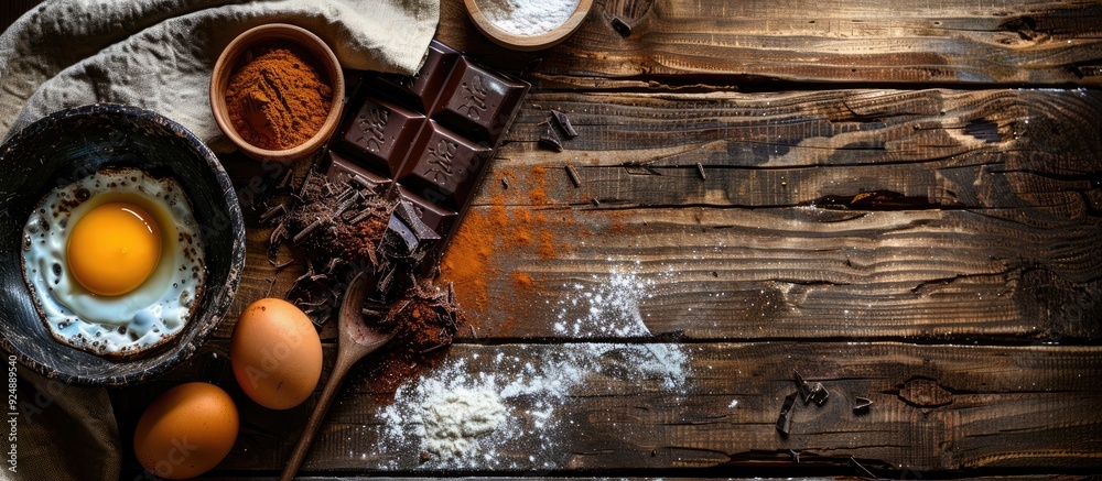 Poster messy baking preparation with love featuring ingredients like egg flour and dark cooking chocolate o