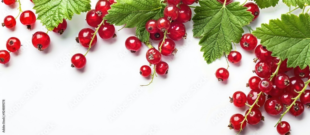 Poster Red currants ripe and leafy set on a white backdrop with room for text or images. Creative banner. Copyspace image