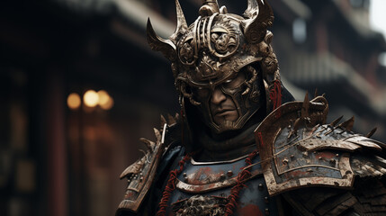 Ornate Armored Samurai Warrior in a Traditional Japanese Street with Intense Gaze