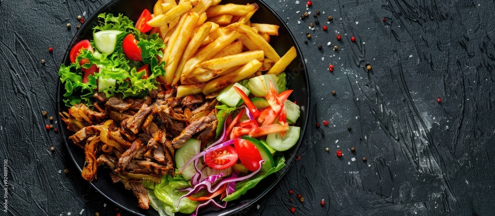 Poster a plate with shawarma doner kebab french fries and salad against a black background in a top view pr