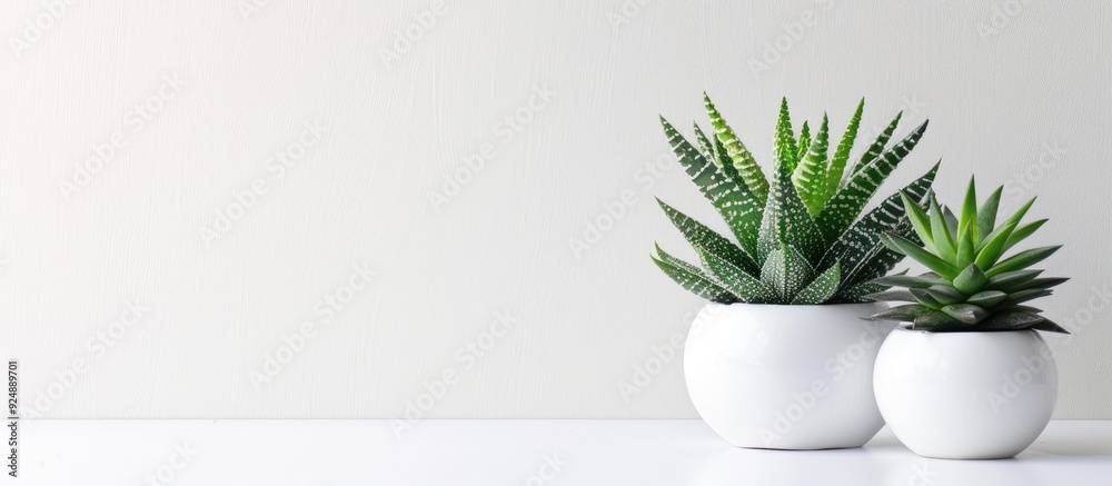 Poster Haworthia attenuata succulent plants in a white flowerpot displayed on a plain white background with copy space image