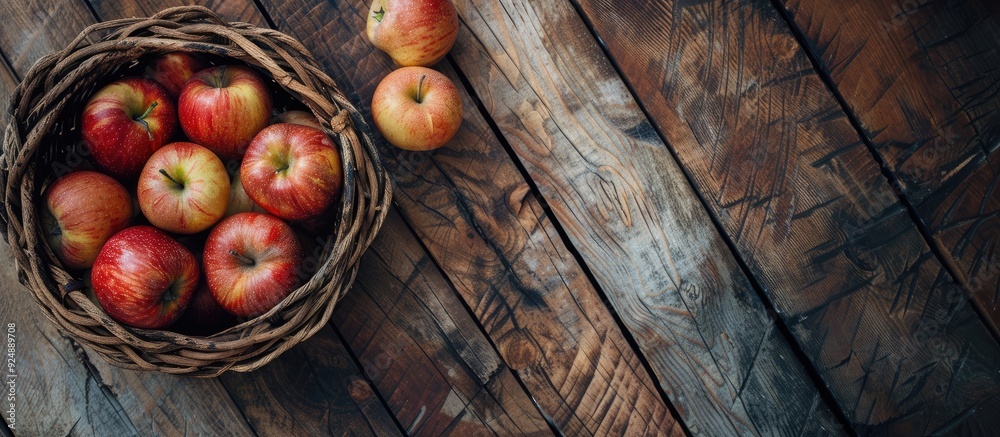 Poster An old basket filled with apples rests on a rustic wooden table offering a clear copy space image Viewed from above