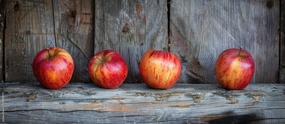 Poster Three apples displayed on a weathered wooden surface with copy space image