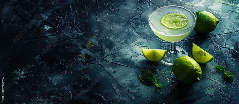 Aufkleber a green lemon placed with a cocktail glass on a dark backdrop creating a stylish copy space image