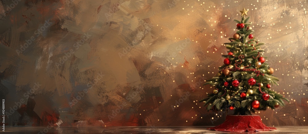 Poster festive christmas tree adorned with decorations set against a charming christmas backdrop perfect fo